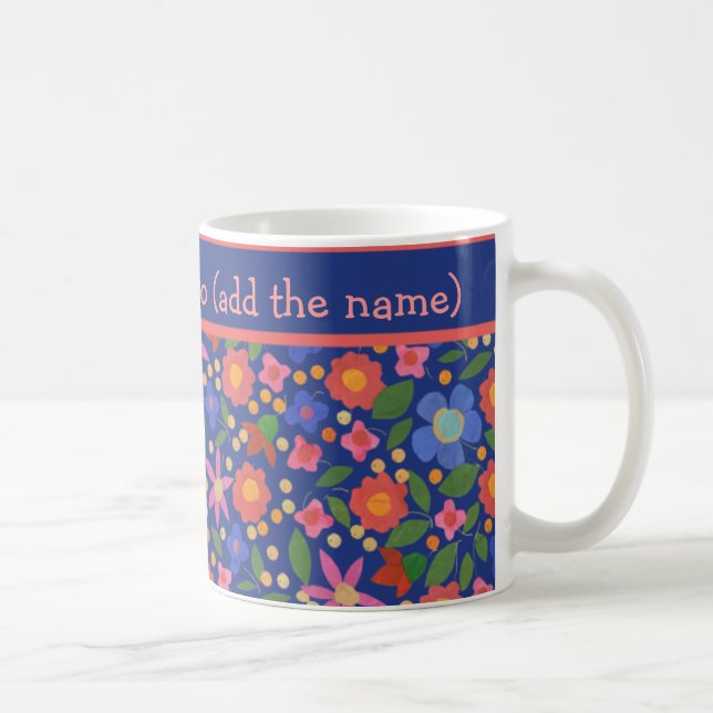 Pretty Folk Art Style Floral Pattern on Blue Coffee Mug (Right)