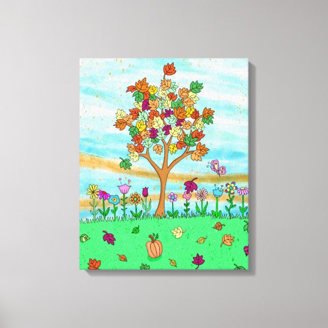  Pretty Folk Art Whimsical Autumn Tree Fall Leaves Canvas Print (Front)