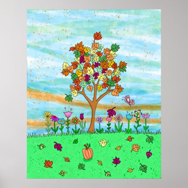  Pretty Folk Art Whimsical Autumn Tree Fall Leaves Poster (Front)