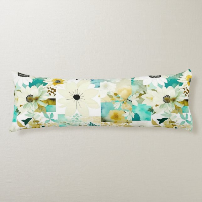 Pretty Folk Art White and Turquoise Flowers   Body Cushion (Front)