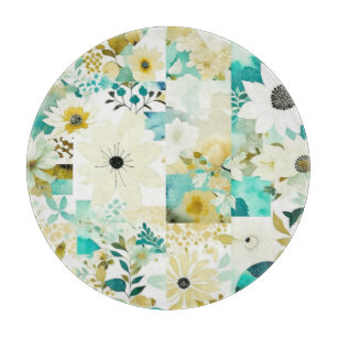 Pretty Folk Art White and Turquoise Flowers Cutting Board