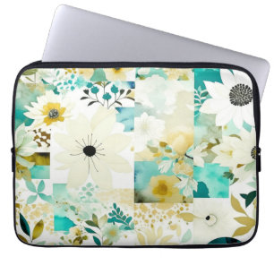 Pretty Folk Art White and Turquoise Flowers Laptop Sleeve