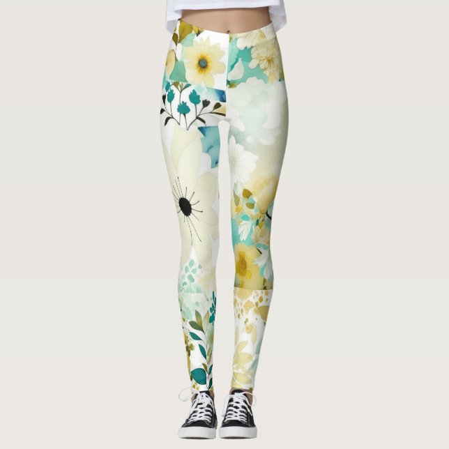 Pretty Folk Art White and Turquoise Flowers   Leggings (Front)