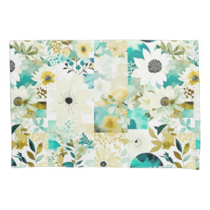 Pretty Folk Art White and Turquoise Flowers Pillowcase