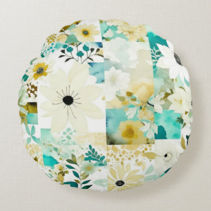 Pretty Folk Art White and Turquoise Flowers Round Cushion