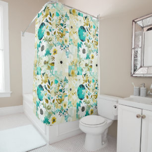 Pretty Folk Art White and Turquoise Flowers Shower Curtain
