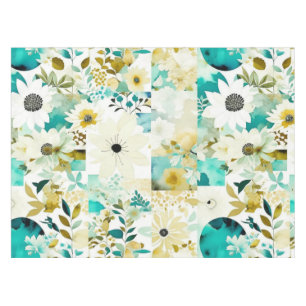 Pretty Folk Art White and Turquoise Flowers   Tablecloth