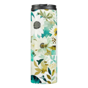 Pretty Folk Art White and Turquoise Flowers   Thermal Tumbler