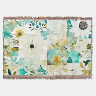 Pretty Folk Art White and Turquoise Flowers Throw Blanket