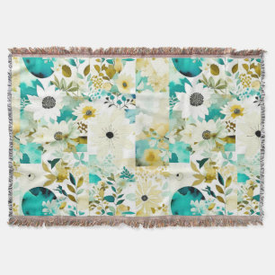 Pretty Folk Art White and Turquoise Flowers Throw Blanket