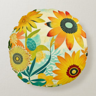 Pretty Folk Art Yellow Flowers   Round Cushion