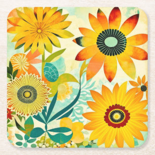 Pretty Folk Art Yellow Flowers Square Paper Coaster