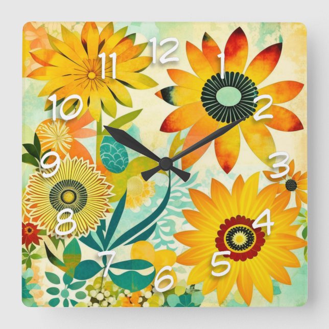Pretty Folk Art Yellow Flowers   Square Wall Clock (Front)