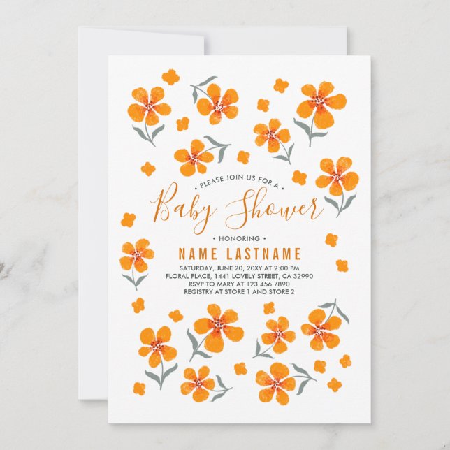 Pretty folk orange flowers White Girl Baby Shower Invitation (Front)