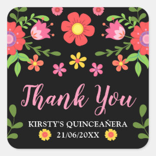 Pretty Folksy Flowers & foliage Quinceañera Square Sticker