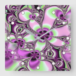 Pretty Fractal Floral in shades of Pink and Green Square Wall Clock