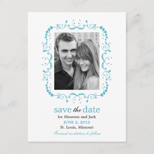 Pretty Frame Save The Date Postcard - Turquoise (Front)