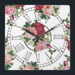 Pretty French Country Floral Square Wall Clock<br><div class="desc">Lovely sprays of French country inspired pink,  red and white roses and green foliage in repeating editable pattern on transparent background with Roman numerals. All graphic elements can be resized,  rotated and repositioned.</div>