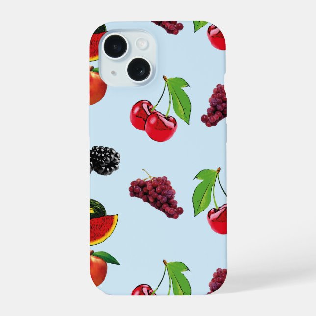 Pretty fruit pattern on blue background iPhone 15 case (Back)