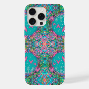 Pretty Fun Blue Boho Hearts Flowers Pattern iPhone 15 Pro Max Case