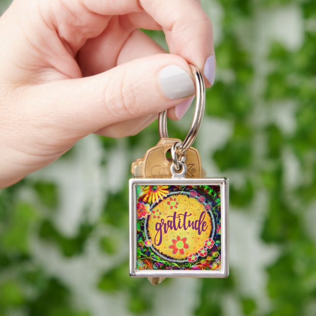 Pretty Fun Inspiring Gratitude Floral Key Ring (Hand)