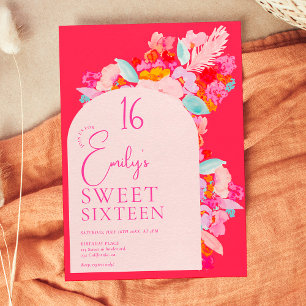 Pretty garden bold pink floral sweet 16 invitation