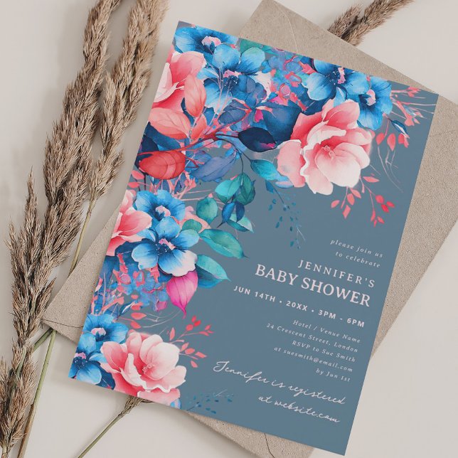 Pretty Garden Floral Baby Shower Dusty Blue Invitation (Pretty Garden Floral Baby Shower Dusty Blue Invitation)