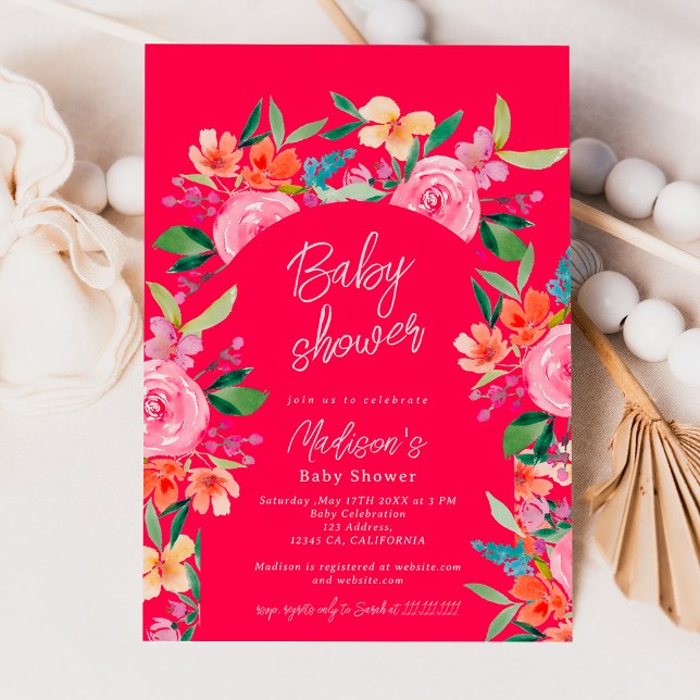 Pretty garden floral watercolor arch baby shower invitation (Pretty garden floral watercolor arch baby shower invitation on neon hot pink)