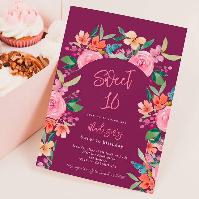 Pretty garden floral watercolor arch Sweet 16 Invitation (Creator Uploaded)