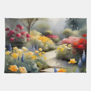 Pretty Garden with red yellow roses blue flowers Tea Towel