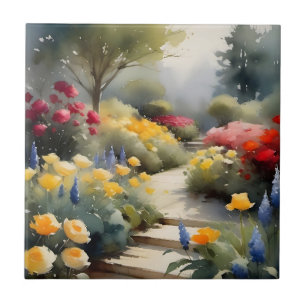 Pretty Garden with red yellow roses blue flowers Tile