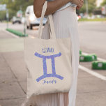 Pretty Gemini Astrology Sign Custom Birthday Tote Bag<br><div class="desc">This pretty purple and lavender Gemini tote bag features your astrological sign from the Zodiac in a beautiful sparkle like the constellations. Customise this cute astrology symbol gift with your name in cursive script for someone with a late May or early June birthday.</div>
