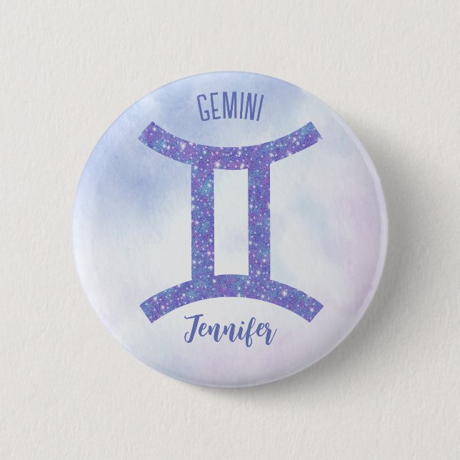 Pretty Gemini Astrology Sign Personalised Purple 6 Cm Round Badge (Front)