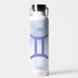 Pretty Gemini Astrology Sign Personalised Purple Water Bottle<br><div class="desc">This pretty,  personalised purple and lavender Gemini water bottle features your astrological sign from the Zodiac in a beautiful sparkle like the constellations. Customise this cute astrology symbol gift with your name in cursive script for someone with a late May or early June birthday.</div>