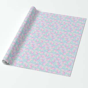 Pretty Giftwrap Pink Roses, White Butterflies Blue Wrapping Paper