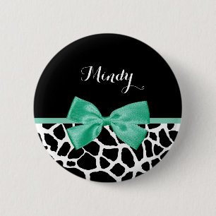 Pretty Giraffe Print Mint Green Bow With Name 6 Cm Round Badge