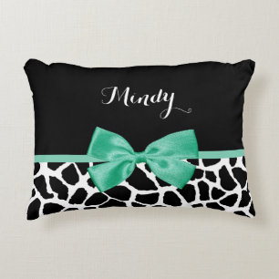 Pretty Giraffe Print Mint Green Bow With Name Decorative Cushion