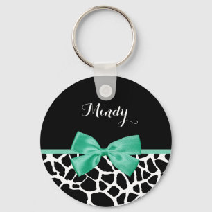Pretty Giraffe Print Mint Green Bow With Name Key Ring