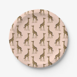 Pretty Giraffes on Pink Background Paper Plate