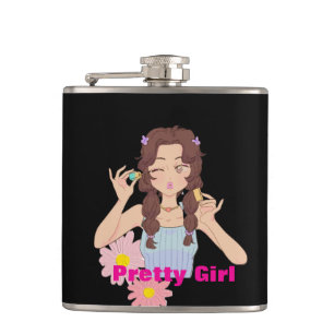 Pretty Girl Aesthetic Cute Makeup Illustration Hip Flask