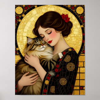 Pretty Girl and Cute Cat Art Nouveau Gustav Klimt  Poster