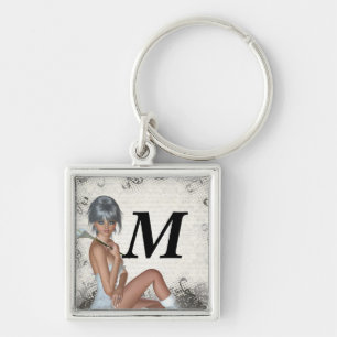 Pretty girl and silver damask key ring