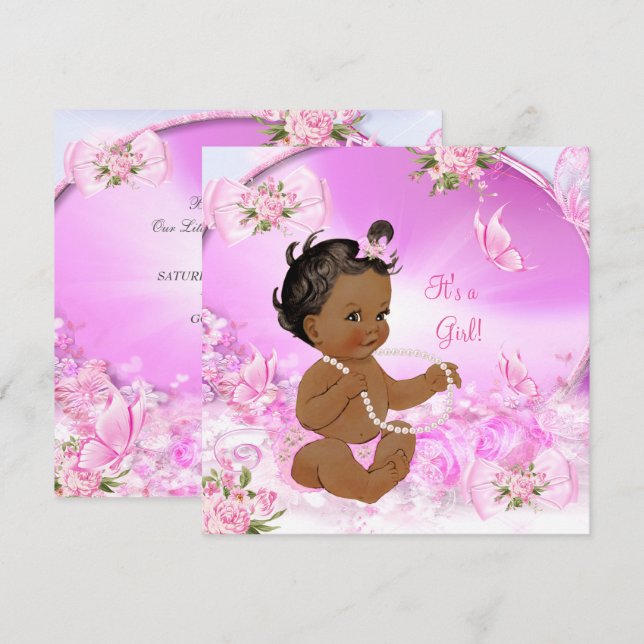 Pretty Girl Baby Shower Pink Butterfly Ethnic Invitation (Front/Back)