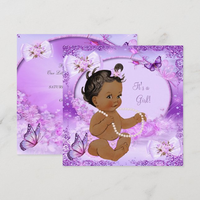 Pretty Girl Baby Shower Purple Butterfly Ethnic Invitation (Front/Back)