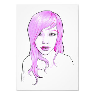 Pretty Girl Cartoon portrait Pink hair Cute face Photo Print