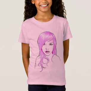 Pretty Girl Cartoon portrait Pink hair Cute face T-Shirt