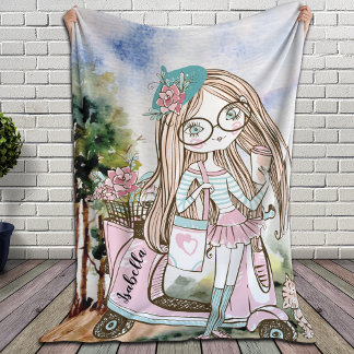 Pretty Girl Doodle Scooter Personalised Name Sherpa Blanket