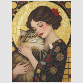 Pretty Girl Hugs Cat Art Nouveau Decoupage  Tissue Paper
