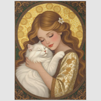Pretty Girl Hugs Cat Art Nouveau Decoupage  Tissue Paper