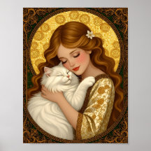 Pretty Girl Hugs White Fluffy Cat Art Nouveau